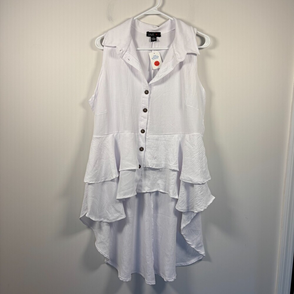 LOVE NEW Hi Lo Button Up Collared Tunic Womens 2X White Collared Sleeveless